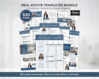May include: A bundle of real estate templates with a blue and white design. The templates include checklists, forms, and marketing materials. The text includes "Real Estate Templates Bundle" and "Perfectly Crafted for Modern Agents". The bundle contains 320 pages and is fully editable.