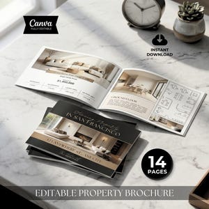 Peut inclure: Brochures immobilières empilées avec le texte « Homes & Property in San Francisco » et « Editable Property Brochure ». Les brochures sont ouvertes pour afficher des images de design d'intérieur et des plans d'étage. L'image comprend également une horloge, une plante et un stylo.