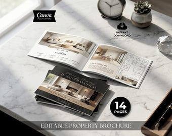 Folleto de propiedad inmobiliaria de 14 páginas, folleto de listado, plantilla de folleto de bienes raíces de lujo, catálogo de listados, marketing inmobiliario, Canva