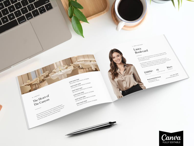 May include: Open brochure with a photo of a woman in a silk shirt, and text that reads "Laura Boulevard". The brochure also features a restaurant interior and the text "The Heart of The Canyon". A laptop, pen, and coffee cup are also visible.