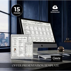 Puede incluir: Una plantilla de presentación de oferta digital que se muestra en una computadora de escritorio, una tableta y un teléfono inteligente. La plantilla se muestra en un entorno de oficina moderno con un teclado, un ratón y el texto "Canva Totalmente Editable". La imagen también incluye el texto "15 Páginas" y "Descarga instantánea".