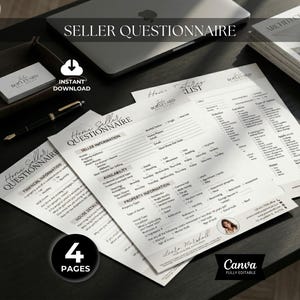以下が含まれることがあります： 「Seller Questionnaire」と「Instant Download」の文字が入った、白黒の住宅販売者向けアンケート。アンケートには、販売者情報、空き状況、物件の詳細に関するセクションが含まれています。画像には、ラップトップ、ペン、名刺も写っています。