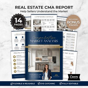 Könnte beinhalten: Ein Immobilien-CMA-Bericht mit dem Titel "Comparative Market Analysis" und dem Text "Helfen Sie Verkäufern, den Markt zu verstehen". Der Bericht umfasst 14 Seiten und Bonusseiten. Der Bericht ist flexibel, wiederverwendbar, auffällig und vollständig editierbar.