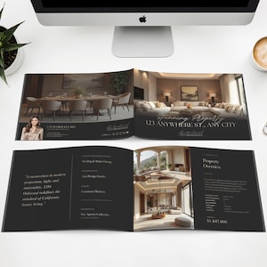 May include: A spread of a luxury real estate brochure with interior design photos. The brochure is open on a white desk with a computer, coffee, and a phone. The brochure features the text "Stunning Property" and "123 Anywhere St., Any City."