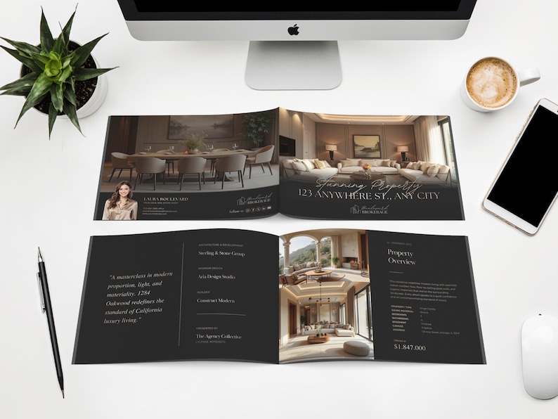 May include: A spread of a luxury real estate brochure with interior design photos. The brochure is open on a white desk with a computer, coffee, and a phone. The brochure features the text "Stunning Property" and "123 Anywhere St., Any City."