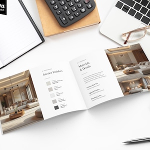 May include: An open notebook, calculator, laptop, and brochure are arranged on a white surface. The brochure displays interior design details, including color swatches and room images. The Canva logo is in the upper left corner.