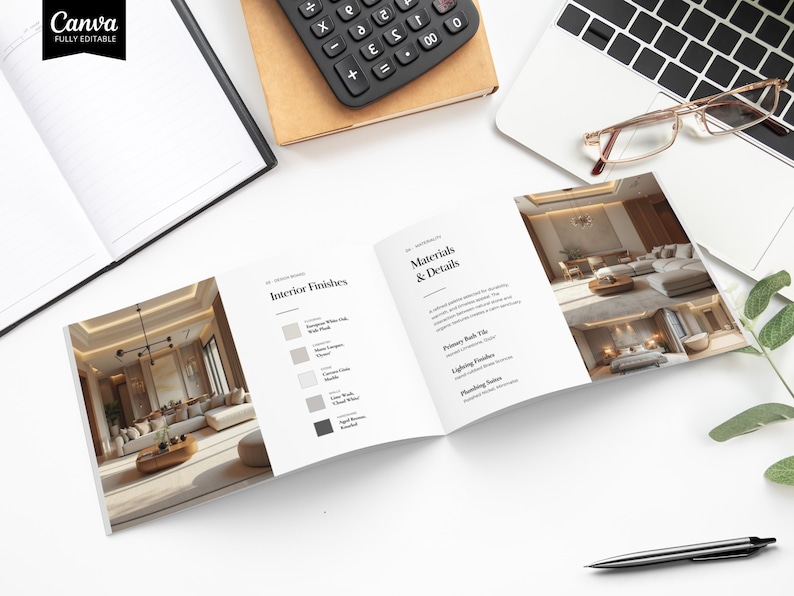 May include: An open notebook, calculator, laptop, and brochure are arranged on a white surface. The brochure displays interior design details, including color swatches and room images. The Canva logo is in the upper left corner.