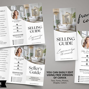 May include: A tri-fold brochure with a white background and black text. The brochure is for a real estate agent and includes a photo of a woman, a photo of a living room, and the text "Selling Guide: Experience has its rewards".