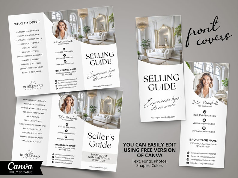 May include: A tri-fold brochure with a white background and black text. The brochure is for a real estate agent and includes a photo of a woman, a photo of a living room, and the text "Selling Guide: Experience has its rewards".