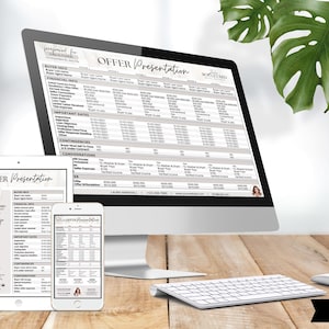 May include: A digital offer presentation displayed on a desktop computer, tablet, and smartphone. The presentation includes financial details, important dates, and considerations. A keyboard and mouse are in the foreground. The Canva logo is in the bottom right corner.