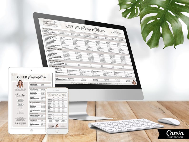 May include: A digital offer presentation displayed on a desktop computer, tablet, and smartphone. The presentation includes financial details, important dates, and considerations. A keyboard and mouse are in the foreground. The Canva logo is in the bottom right corner.