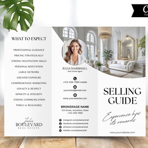May include: A white and black real estate flyer with a photo of a woman in a white shirt. The flyer includes the text "What to Expect", "Selling Guide", "Experience has its rewards", and "Julia Boulevard Real Estate".
