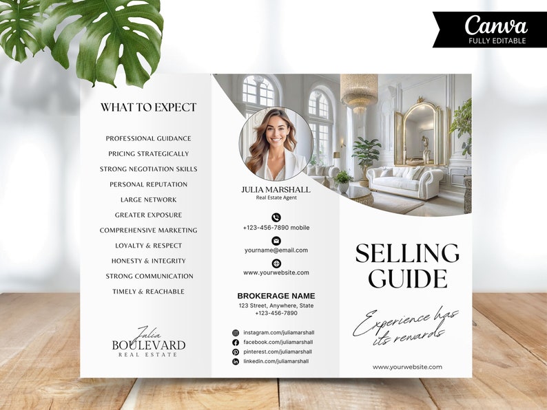 May include: A white and black real estate flyer with a photo of a woman in a white shirt. The flyer includes the text "What to Expect", "Selling Guide", "Experience has its rewards", and "Julia Boulevard Real Estate".