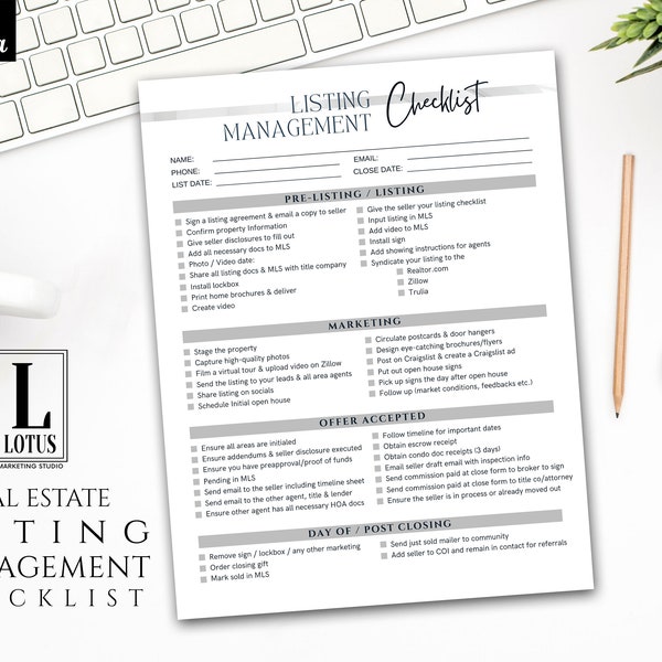 Real Estate Listing Management Checklist, Realtor Checklist, Listing to Close Checklist, Real Estate Marketing, Realtor Marketing Tools