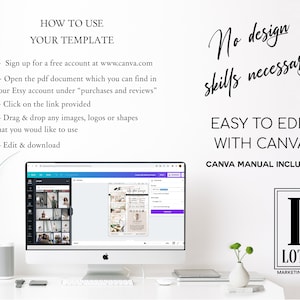 Puede incluir: Una pantalla de ordenador muestra un tutorial de plantilla de Canva. El texto de la imagen incluye "C&oacute;mo usar tu plantilla" y "F&aacute;cil de editar con Canva". El logotipo de Lotus Marketing Studio tambi&eacute;n es visible. La imagen promociona un producto digital.