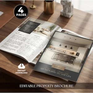 Puede incluir: Folleto de propiedades abierto sobre una superficie de madera. El folleto presenta imágenes de diseño de interiores y planos de planta. El texto incluye "4 páginas", "Descarga instantánea" y "Folleto de propiedades editable".