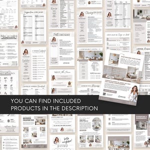 Puede incluir: Una colecci&oacute;n de plantillas de marketing inmobiliario en tonos grises y blancos. Las plantillas incluyen listas de verificaci&oacute;n, folletos y formularios con texto como "Inspection Checklist" y "Offer Presentation". Tambi&eacute;n es visible el texto "YOU CAN FIND INCLUDED PRODUCTS IN THE DESCRIPTION".