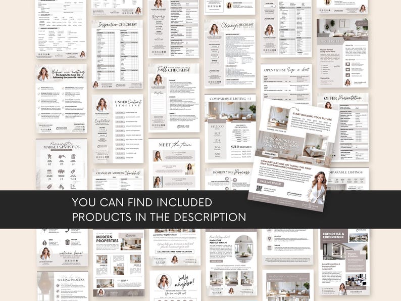 Puede incluir: Una colecci&oacute;n de plantillas de marketing inmobiliario en tonos grises y blancos. Las plantillas incluyen listas de verificaci&oacute;n, folletos y formularios con texto como "Inspection Checklist" y "Offer Presentation". Tambi&eacute;n es visible el texto "YOU CAN FIND INCLUDED PRODUCTS IN THE DESCRIPTION".
