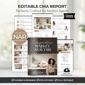May include: A collection of editable CMA report templates for real estate agents. The design features a dark brown and beige color scheme with the text "Comparative Market Analysis" and "Editable CMA Report". The design includes the text "Updated for NAR Settlement".