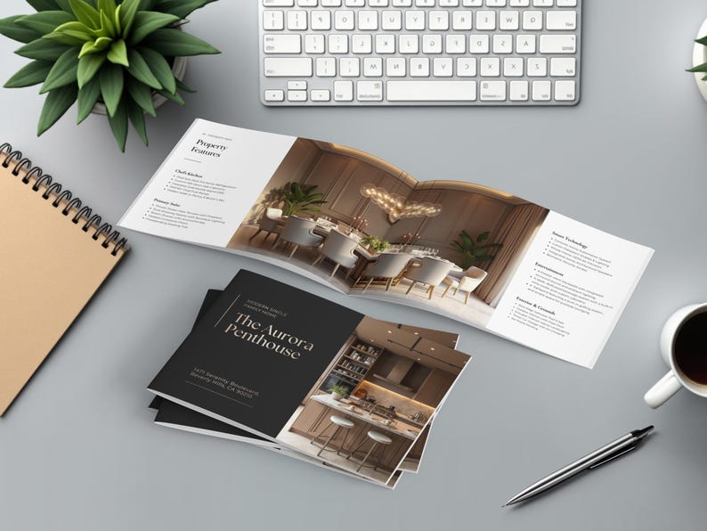 May include: An open brochure and a stack of brochures with the title "The Aurora Penthouse" on a gray surface. The open brochure displays a dining room scene. A keyboard, pen, coffee cup, and a plant are also visible.