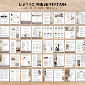 Puede incluir: Un conjunto de plantillas de presentaci&oacute;n de listados inmobiliarios con un dise&ntilde;o limpio y minimalista. Las p&aacute;ginas presentan fotos de propiedades y texto informativo, con una paleta de colores neutros. El t&iacute;tulo dice "LISTING PRESENTATION PHOTOS ARE INCLUDED."
