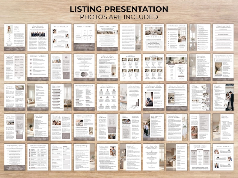 Puede incluir: Un conjunto de plantillas de presentaci&oacute;n de listados inmobiliarios con un dise&ntilde;o limpio y minimalista. Las p&aacute;ginas presentan fotos de propiedades y texto informativo, con una paleta de colores neutros. El t&iacute;tulo dice "LISTING PRESENTATION PHOTOS ARE INCLUDED."