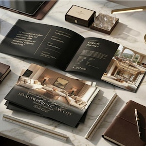 May include: An open brochure with property details and images of a luxury home sits on a marble surface. Other items include a desk lamp, a small clock, a pen, a notebook, and a decorative sculpture. The brochure's cover reads "123 Anywhere St., Any City."
