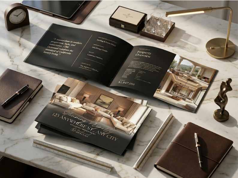 May include: An open brochure with property details and images of a luxury home sits on a marble surface. Other items include a desk lamp, a small clock, a pen, a notebook, and a decorative sculpture. The brochure's cover reads "123 Anywhere St., Any City."
