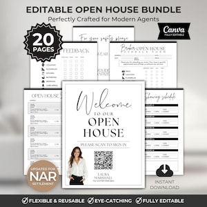 Op de afbeelding: Een bewerkbare open huis bundel met 20 pagina's, ontworpen voor makelaars. De bundel bevat formulieren voor feedback, bezichtigingsschema's en een welkomstbord met een QR-code. Het ontwerp is zwart-wit en modern.