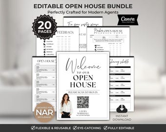 Könnte beinhalten: Ein editierbares Open-House-Bundle mit 20 Seiten, entworfen für Immobilienmakler. Das Bundle enthält Formulare für Feedback, Besichtigungspläne und ein Willkommensschild mit QR-Code. Das Design ist schwarz-weiß und modern.