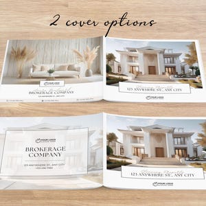 Pode incluir: Duas op&ccedil;&otilde;es de capa para um folheto de uma empresa de corretagem de im&oacute;veis. A primeira capa apresenta um sof&aacute; branco com um arranjo de grama seca e fofa no fundo. A segunda capa apresenta uma casa branca com uma grande varanda frontal e colunas. Ambas as capas incluem o nome da empresa, o endere&ccedil;o e o n&uacute;mero de telefone.