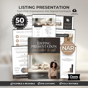 Plantilla de Canva para presentación de propiedades inmobiliarias para agentes inmobiliarios, vendedores, NAR, paquete de pre-publicación, CMA y marketing inmobiliario.