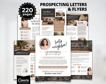 May include: A collection of real estate prospecting letters and flyers. The design features a neutral color palette with images of homes and text that reads "hello neighbor!" and "Another Home Sold". The flyers are fully editable.