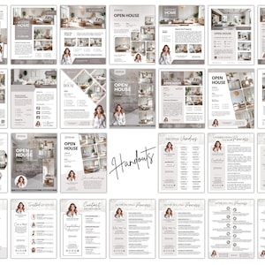 May include: A collection of real estate marketing handouts with a neutral color palette. The handouts include information about open houses, home buying, and selling processes. The word "Handouts" is written in cursive.