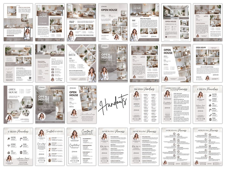 May include: A collection of real estate marketing handouts with a neutral color palette. The handouts include information about open houses, home buying, and selling processes. The word "Handouts" is written in cursive.