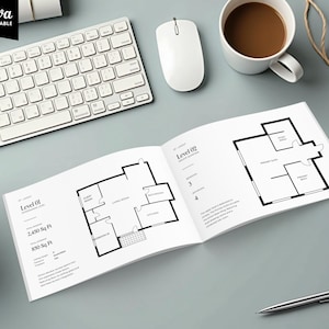 May include: An open book displaying architectural floor plans, with a keyboard, mouse, and coffee cup in the background. The floor plans are black and white, with text indicating square footage. The Canva logo is in the top left corner.