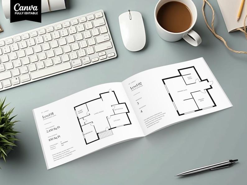 May include: An open book displaying architectural floor plans, with a keyboard, mouse, and coffee cup in the background. The floor plans are black and white, with text indicating square footage. The Canva logo is in the top left corner.