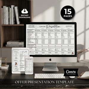 Peut inclure: Un modèle de présentation d'offre numérique affiché sur un écran d'ordinateur, une tablette et un smartphone. Le document présente une mise en page sous forme de tableau avec des données financières, des dates et des imprévus. Texte : Offer Presentation.