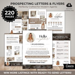 Puede incluir: Un conjunto de cartas y folletos de prospección para agentes inmobiliarios. El diseño presenta una paleta de colores neutros con imágenes y texto, incluyendo "Hello neighbor!" y "Market Update". La imagen incluye el texto "220 páginas" y "Instant Download".