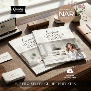 Könnte beinhalten: Professionelles Arrangement mit einem Montblanc-Stift in einem Etui, Visitenkarten und einem Home Seller's Guide. Der Guide zeigt ein Foto einer Frau und den Text "Laura Boulevard". Der Text "Buyer & Seller Guide Templates" ist ebenfalls enthalten.