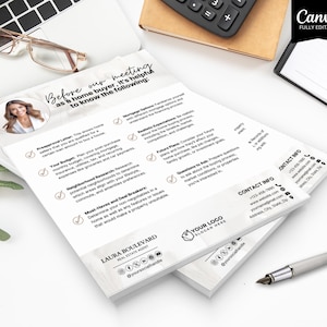May include: A stack of white printed documents with the text "Before our meeting as a home buyer, it's helpful to know the following:". The documents include a photo of a woman and a real estate agent's contact information. A pen, glasses, and a laptop are also visible.