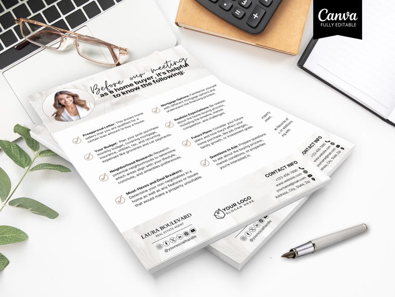 May include: A stack of white printed documents with the text "Before our meeting as a home buyer, it's helpful to know the following:". The documents include a photo of a woman and a real estate agent's contact information. A pen, glasses, and a laptop are also visible.