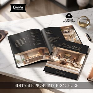 Puede incluir: Un folleto inmobiliario negro abierto que muestra fotografías interiores de una cocina y sala de estar modernas, con texto que incluye Property Overview, Stunning Property y 123 Anywhere St., Any City, sobre una superficie de mármol blanco.