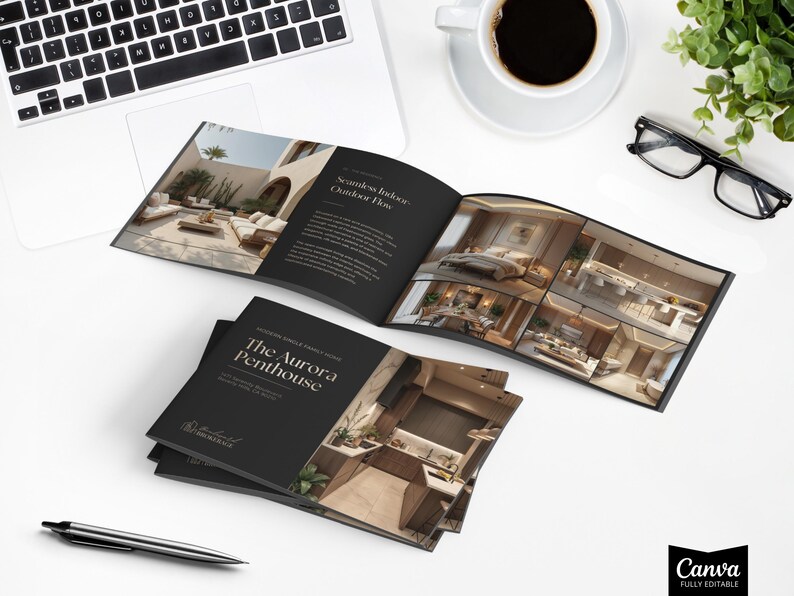 May include: An open brochure titled "The Aurora Penthouse" with interior design images, a laptop, a cup of coffee, glasses, and a pen on a white surface. The brochure features images of modern home interiors.