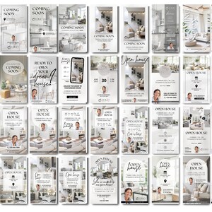 May include: A collection of 25 social media post templates for real estate agents. The templates feature a white background with a marble texture and black text. The text includes phrases like "Open House", "Coming Soon", and "Ready to Own Your Dream House!" The templates also feature images of homes and a headshot of a real estate agent.