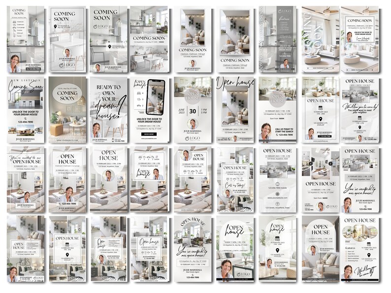 May include: A collection of 25 social media post templates for real estate agents. The templates feature a white background with a marble texture and black text. The text includes phrases like "Open House", "Coming Soon", and "Ready to Own Your Dream House!" The templates also feature images of homes and a headshot of a real estate agent.