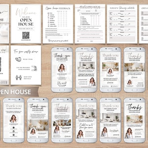 May include: A collection of open house marketing materials, including welcome signs, feedback forms, and thank you messages on smartphones. The designs feature a neutral color palette with elegant fonts and a professional aesthetic.