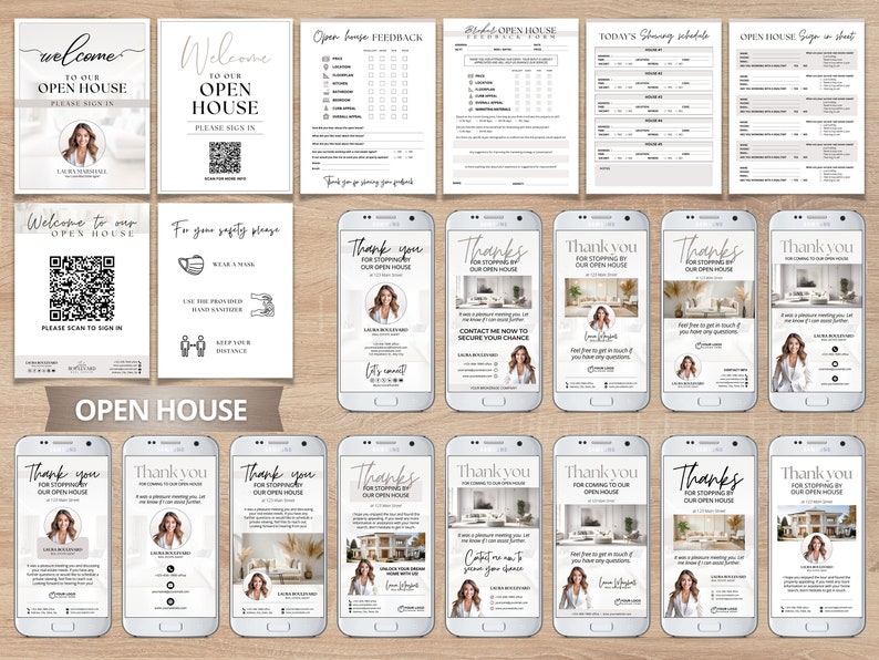 May include: A collection of open house marketing materials, including welcome signs, feedback forms, and thank you messages on smartphones. The designs feature a neutral color palette with elegant fonts and a professional aesthetic.