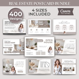 Puede incluir: Un paquete de postales inmobiliarias con varios dise&ntilde;os, incluyendo plantillas de "Reci&eacute;n Vendido" y "Casa Abierta". La imagen muestra una colecci&oacute;n de postales con una paleta de colores neutros, con im&aacute;genes de casas y retratos profesionales. El texto incluye "400 dise&ntilde;os" y "4 tama&ntilde;os incluidos."
