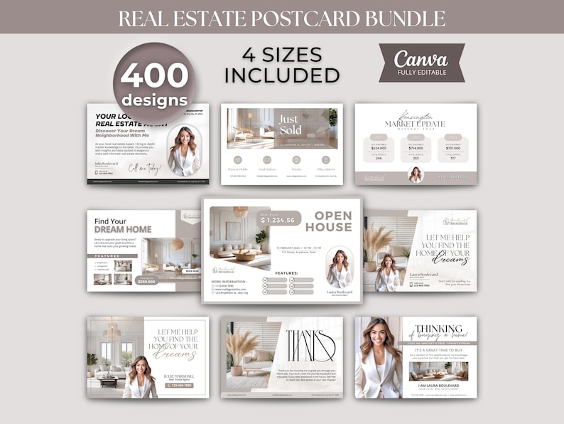Puede incluir: Un paquete de postales inmobiliarias con varios dise&ntilde;os, incluyendo plantillas de "Reci&eacute;n Vendido" y "Casa Abierta". La imagen muestra una colecci&oacute;n de postales con una paleta de colores neutros, con im&aacute;genes de casas y retratos profesionales. El texto incluye "400 dise&ntilde;os" y "4 tama&ntilde;os incluidos."